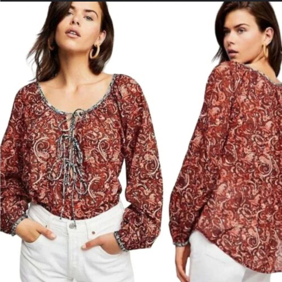Free People NWT Boho Paisley Front Tie Oversized Blouse Top Size XS Burnt Orange - Picture 1 of 7